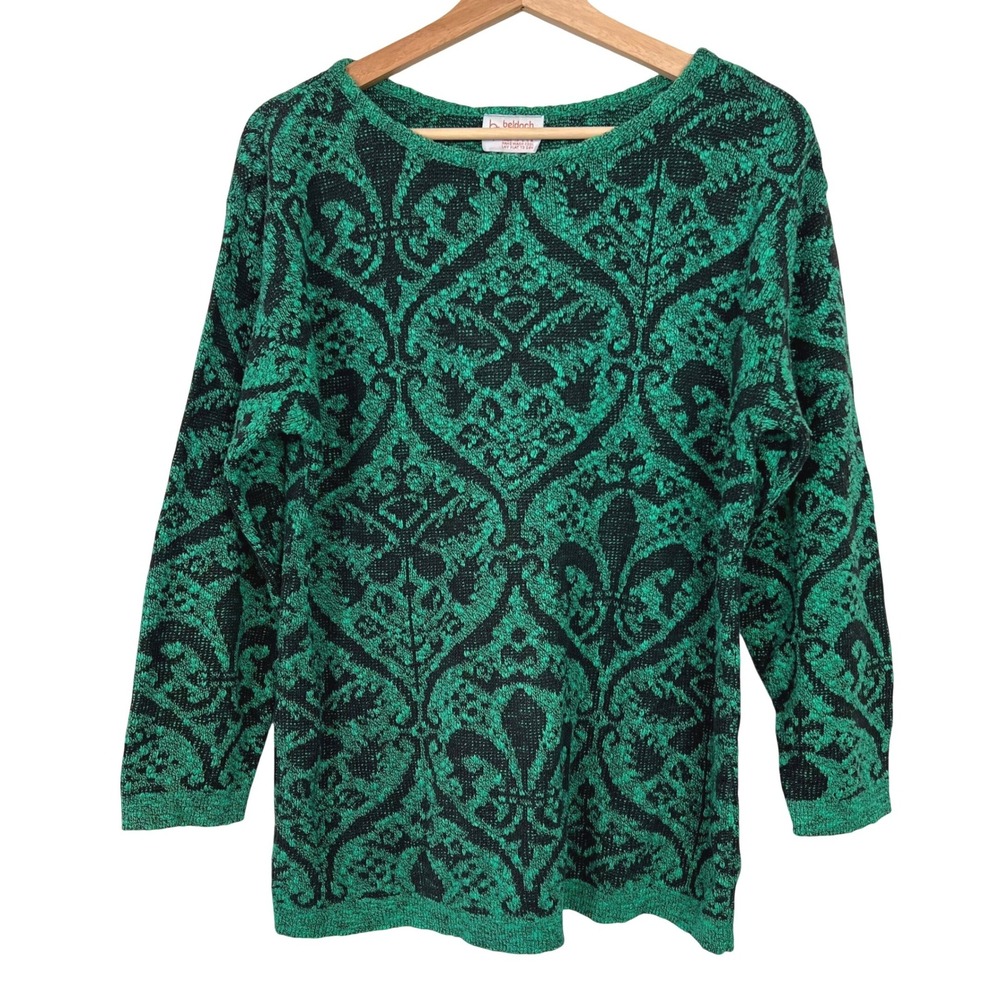 Beldoch Popper VTG Green Black Damask‎ Fleur De Lis Knit Sweater LRG Made in USA